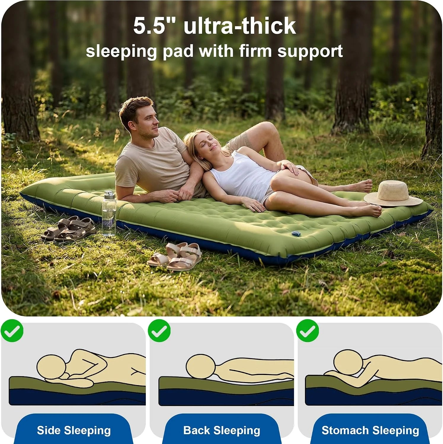 Pretyw Double Sleeping Pad for Camping, 5.5 Ultra-Thick Camping Mattress with Pillow, Built-in Foot Pump bifanuoyard - Image 3