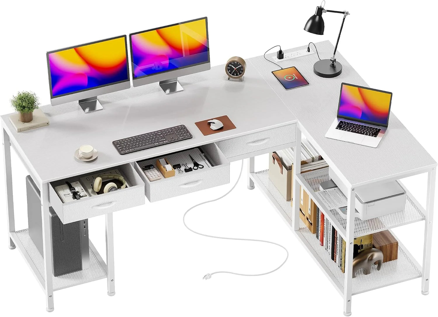 New Arrivals 55 Inch L Shaped Office Desk with Power Outlets and Type-C Port, Large Computer Gaming Desk with 3 Fabric