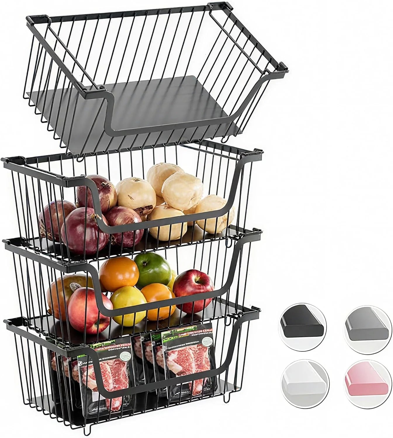 Stackable Wire Baskets Pantry Organizers and Storage Bins, Black, Breathable Metal Design with Rotating - Image 2