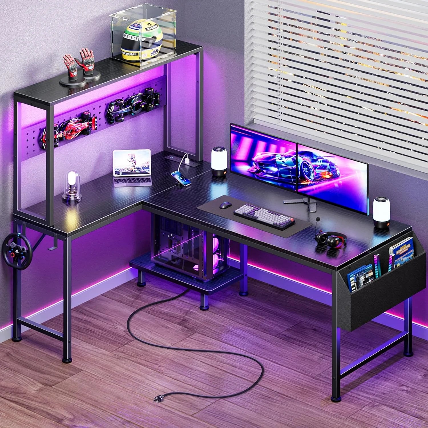 New Arrivals L Shaped Gaming Desk with LED Lights & Power Outlets, Reversible Computer Desk with Storage Shelves & Bag