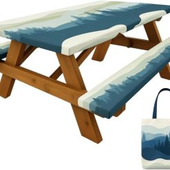 New Arrivals Premium Vinyl Fitted Picnic Table Cover with Bench Covers & Bag, Outdoor Waterproof & Windproof Durable Tablecloth with Elastic Edges