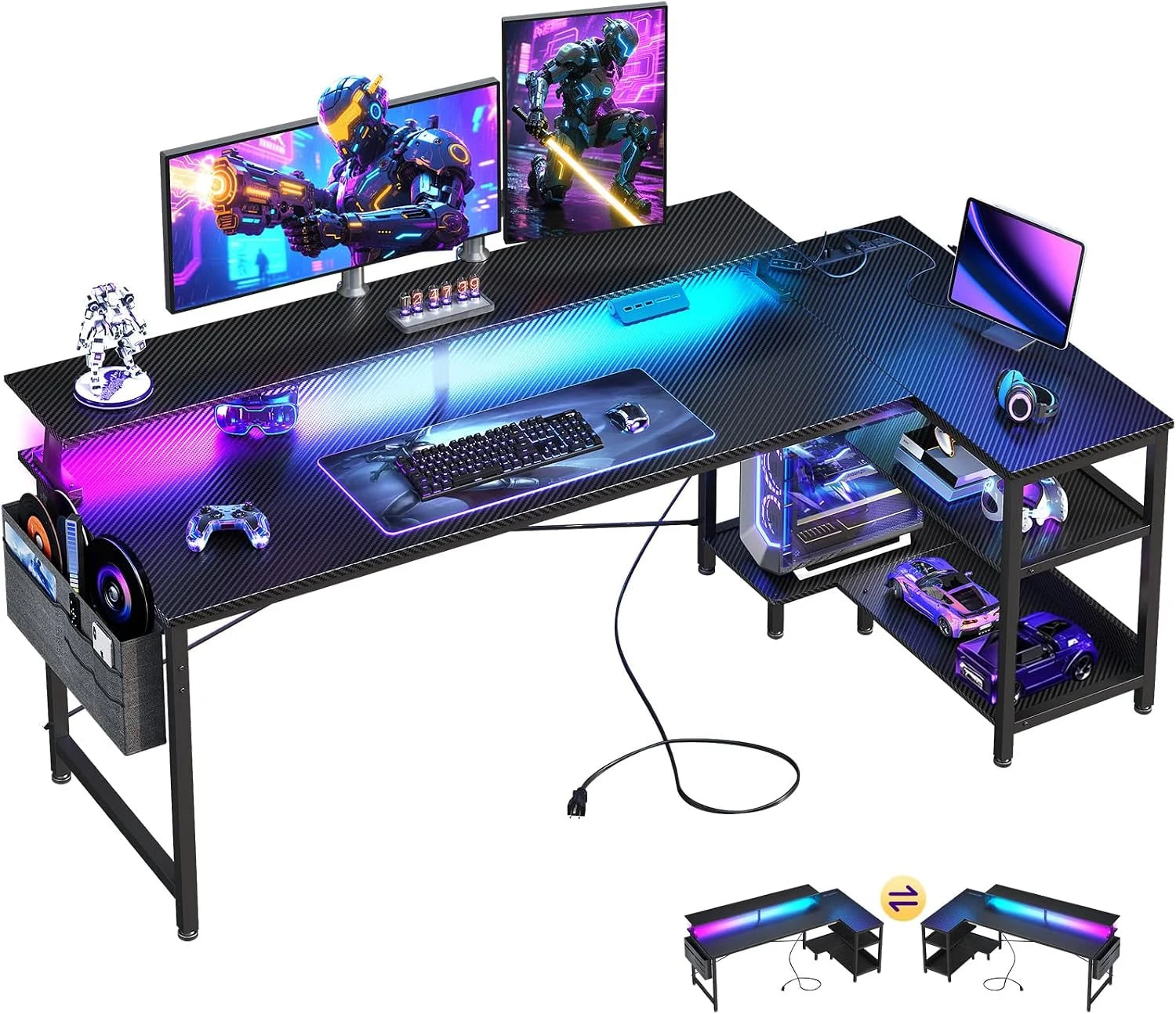 New Arrivals 48 Inch Gaming Desk with USB Charging Ports and LED Lights, Reversible L Shaped Computer Desk with Storage Shelves - Image 3