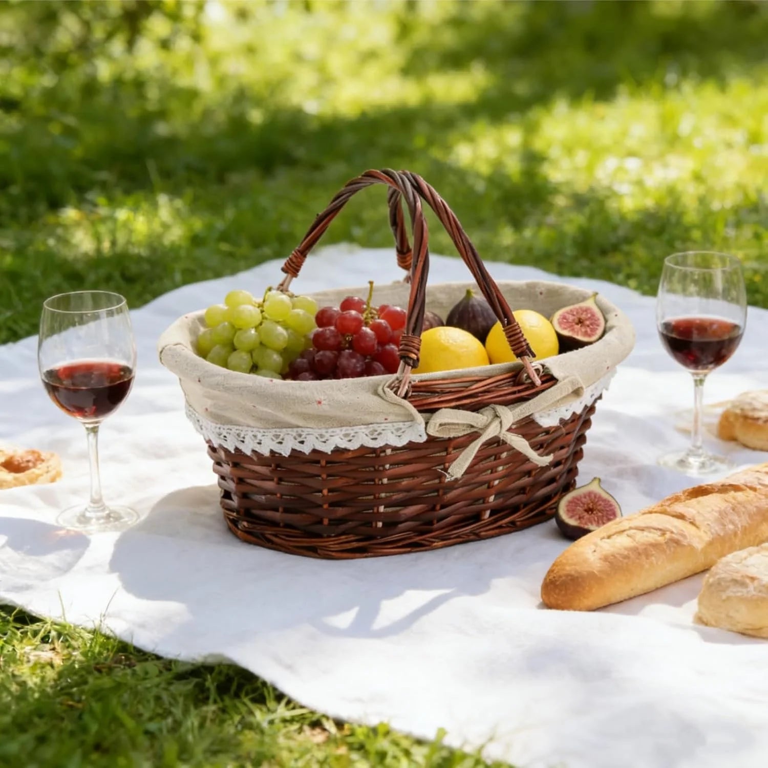 New Arrivals Basket with Handle, Picnic Baskets with Liner, Empty Gift Gardening Baskets for Harvesting, Willow - Image 3