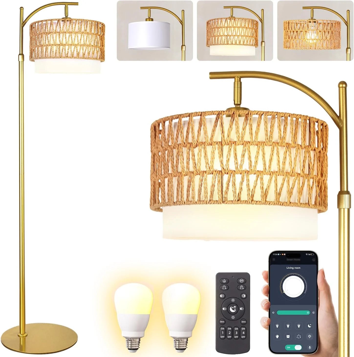 Gold Boho Rattan Floor Lamp w/Remote, Dimmable - Image 2