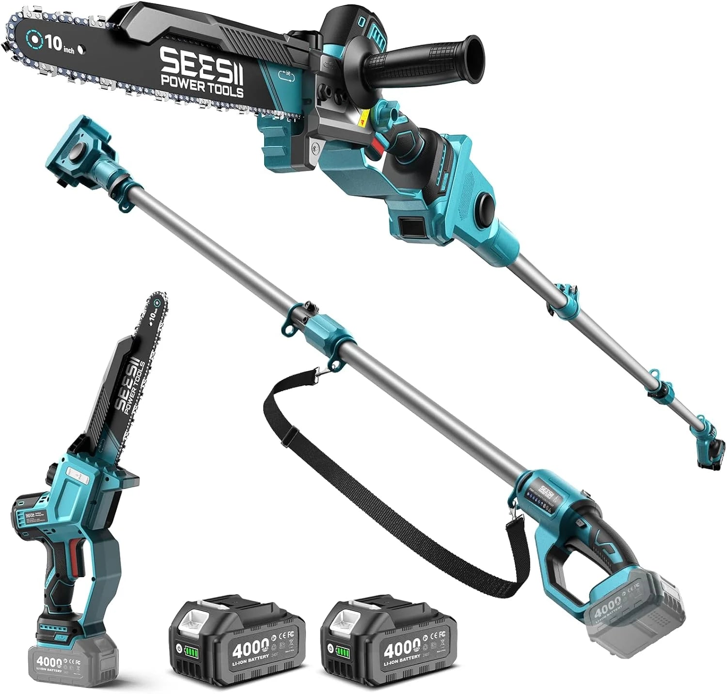 New Arrivals SEESII 10-Inch 2-in-1 Cordless Pole Saw & Mini Chainsaw,2 x 4.0Ah Batteries