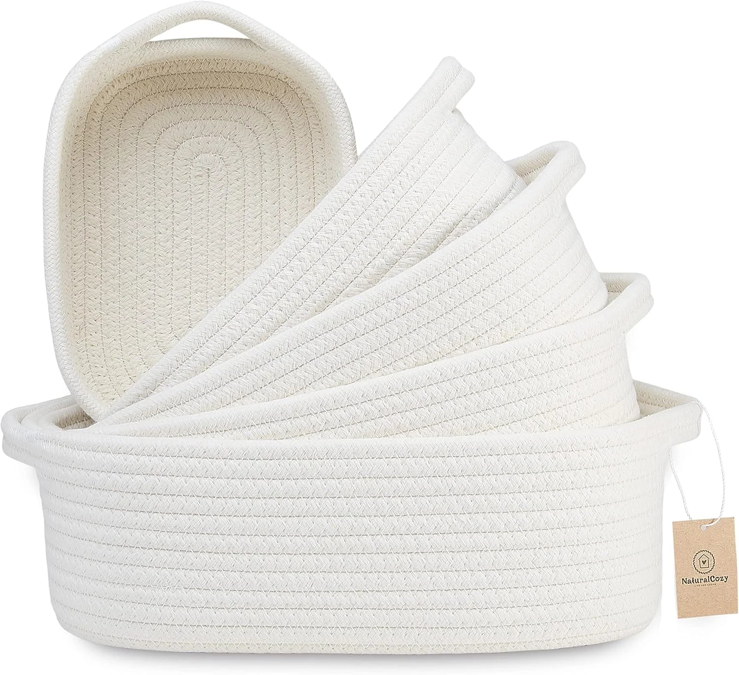 New Arrivals 5-Piece Rectangle Storage Basket Set- Natural Cotton Rope Woven for Organizing! Small Basket - Image 5