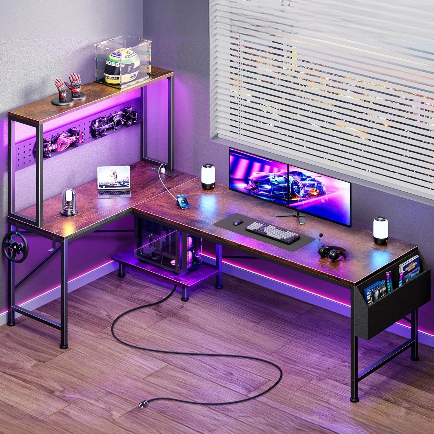 New Arrivals L Shaped Gaming Desk with LED Lights & Power Outlets, Reversible Computer Desk with Storage Shelves & Bag - Image 2