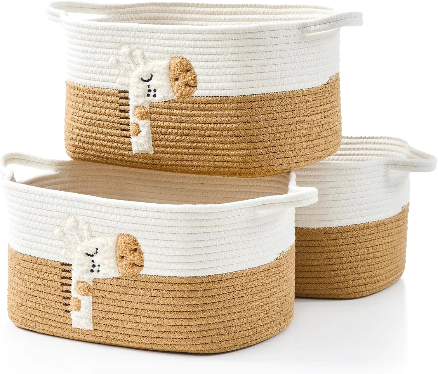 Basket, Woven Baskets for Shelves, White/Brown, 3 Pack Boho Cotton Rope Storage Baskets - Image 2