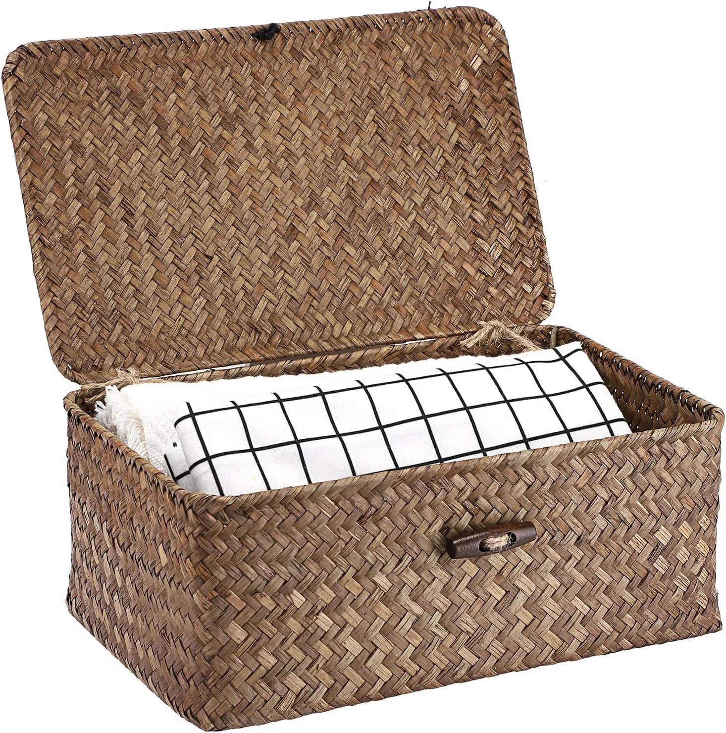 Shelf Baskets Bin with Lid Large Handwoven Basket Box, Coffee, Natural Seagrass Storage Baskets - Image 8