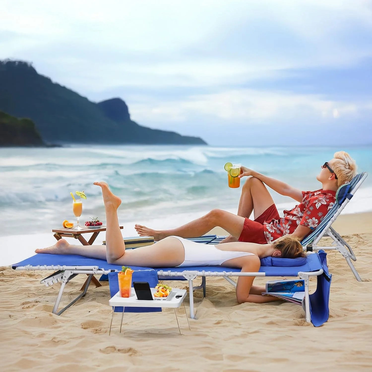 New Arrivals Beach Chair Face Holes, Lounge Chair Outdoor with Folding Side Table, 5-Position Recliner, Max 330lbs - Image 2