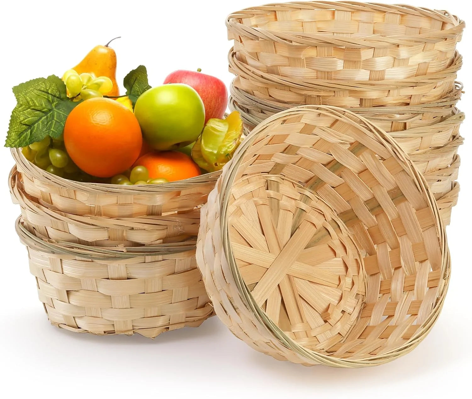 New Arrivals Round Gift Baskets, 8 Inch Natural Bamboo Woven Fruit Basket, Small Wicker Bread Roll Serving Basket, Food