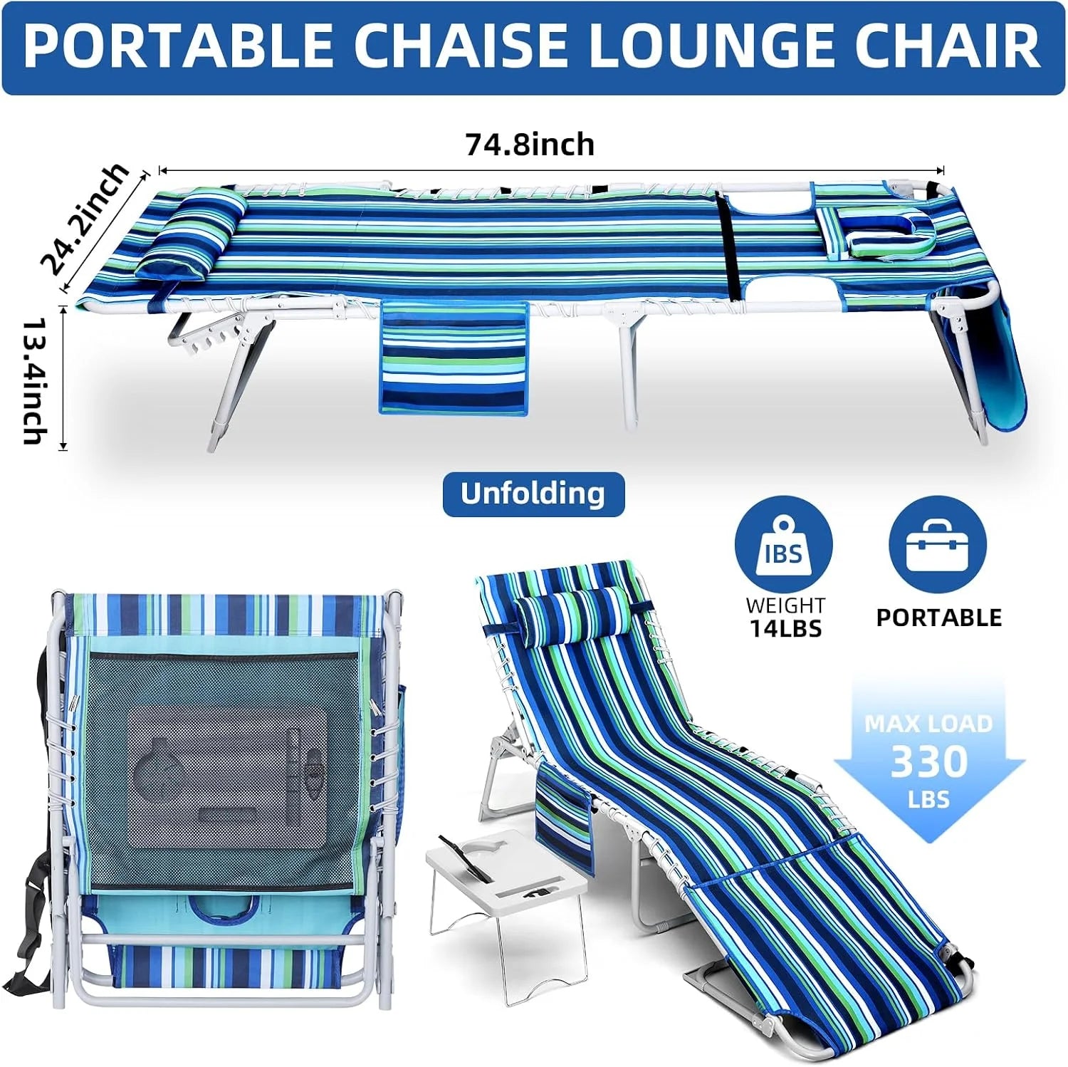 New Arrivals Beach Chair Face Holes, Lounge Chair Outdoor with Folding Side Table, 5-Position Recliner, Max 330lbs - Image 3