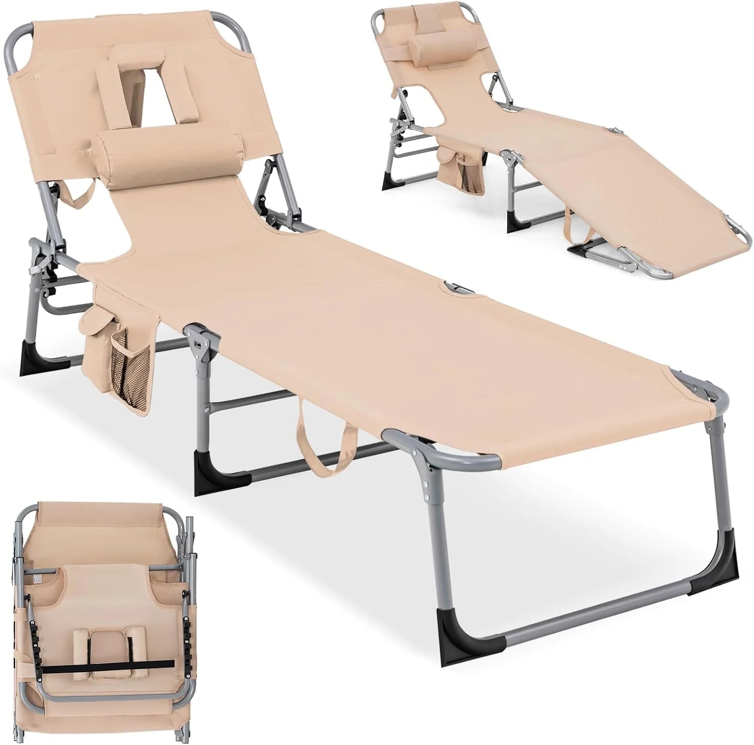 New Arrivals Tanning Chair with Face Hole, Folding Beach Lounge Chair with 4-Position Adjustable Backrest, Camping (1 - Image 4