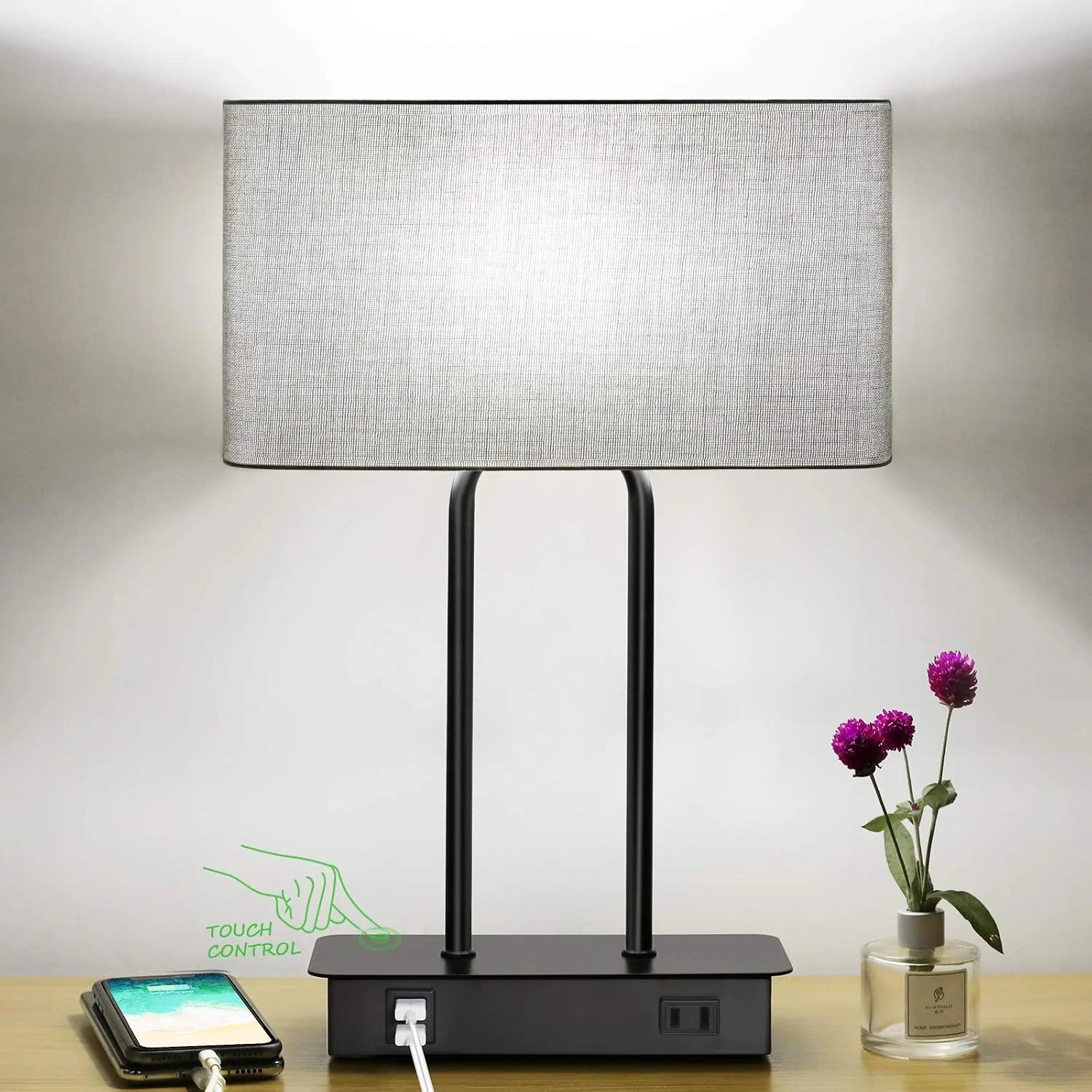 Lakumu Bedside Touch Control Table Lamps with Dual USB Charging Ports 1 AC Outlet, Dimmable bifanuoyard