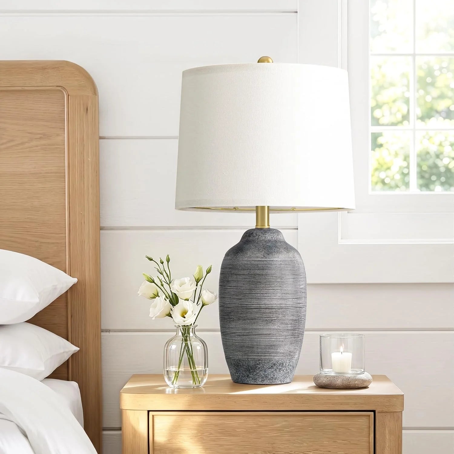 24.5 Vintage Ceramic Table Lamp Single-Rustic Boho Accent Nightstand Lamps - Image 3