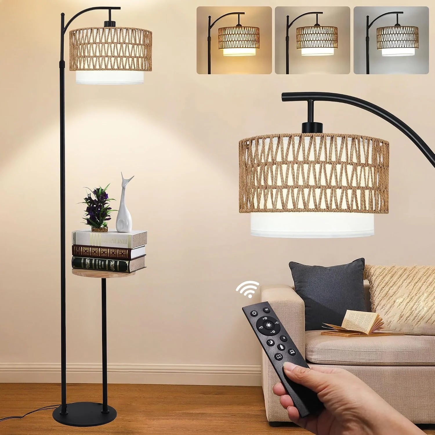 Floor Lamp for Living Room Rattan Boho Floor Lamp with Remote Control, Dimmable, 3-Color Temperature - Image 8