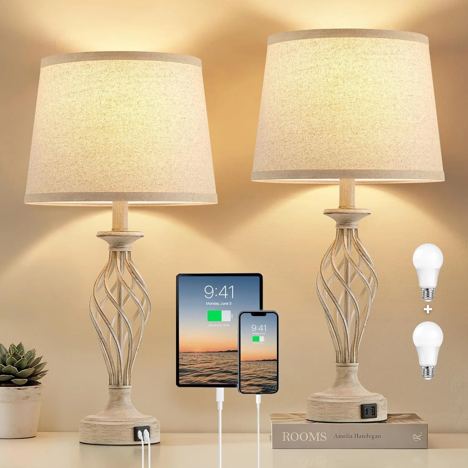 New Arrivals Lamp for Bedroom Set of 2 with USB C+A Ports, Bulb Included, Modern Bedside Lamps with Spiral Cage Base - Image 7
