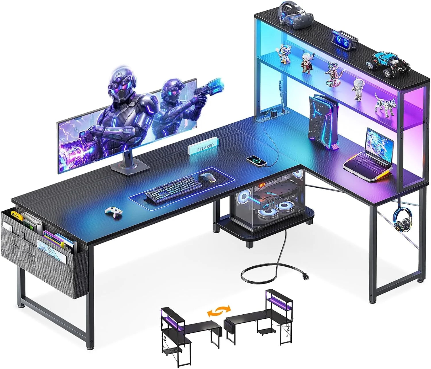 New Arrivals 53 L Shaped Gaming Desk with Shelves, LED & Outlets