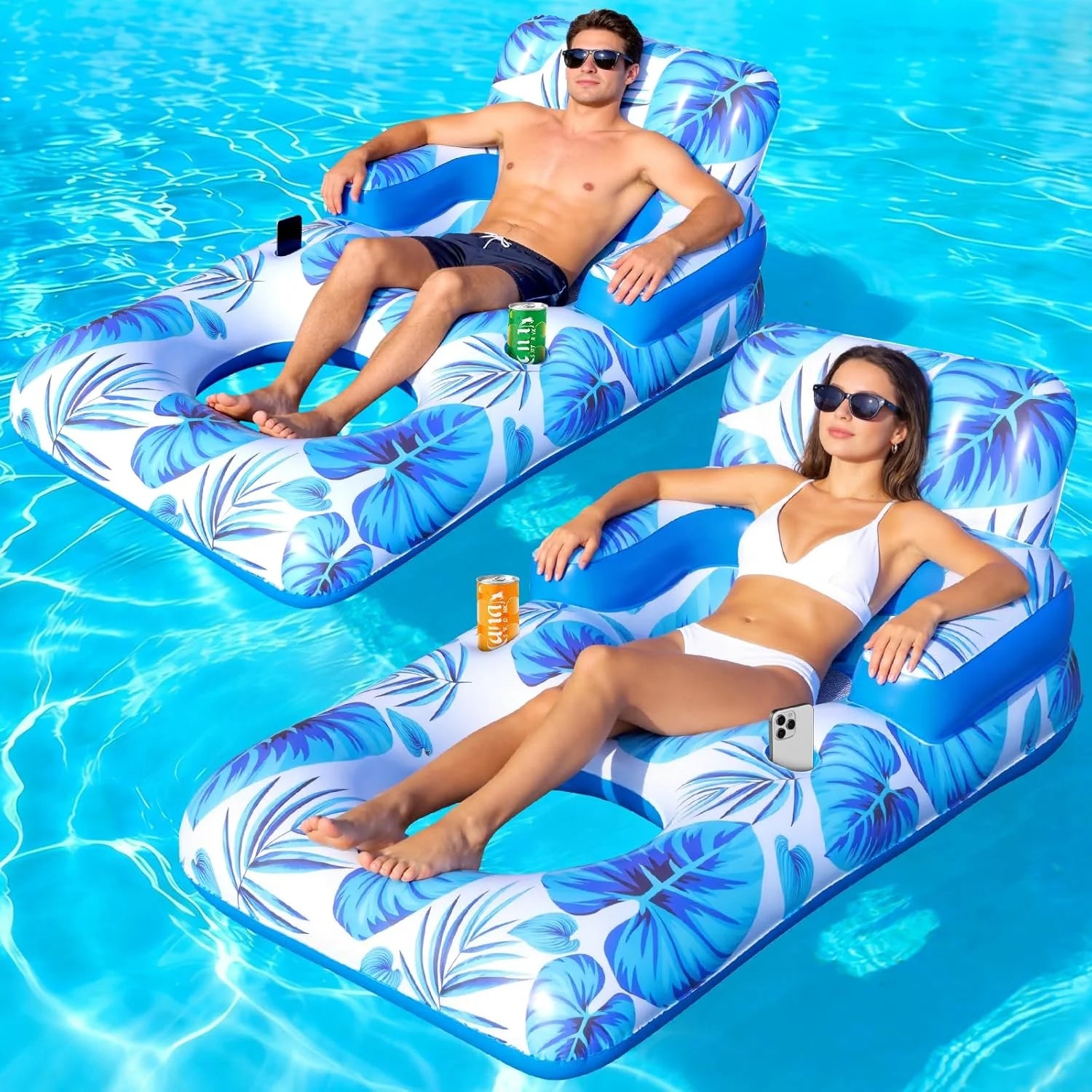 New Arrivals Pool Floats Adult, 65 Thicken PVC Inflatable Pool Float Lounger Rafts with Cup & Phone Holder & Headrest