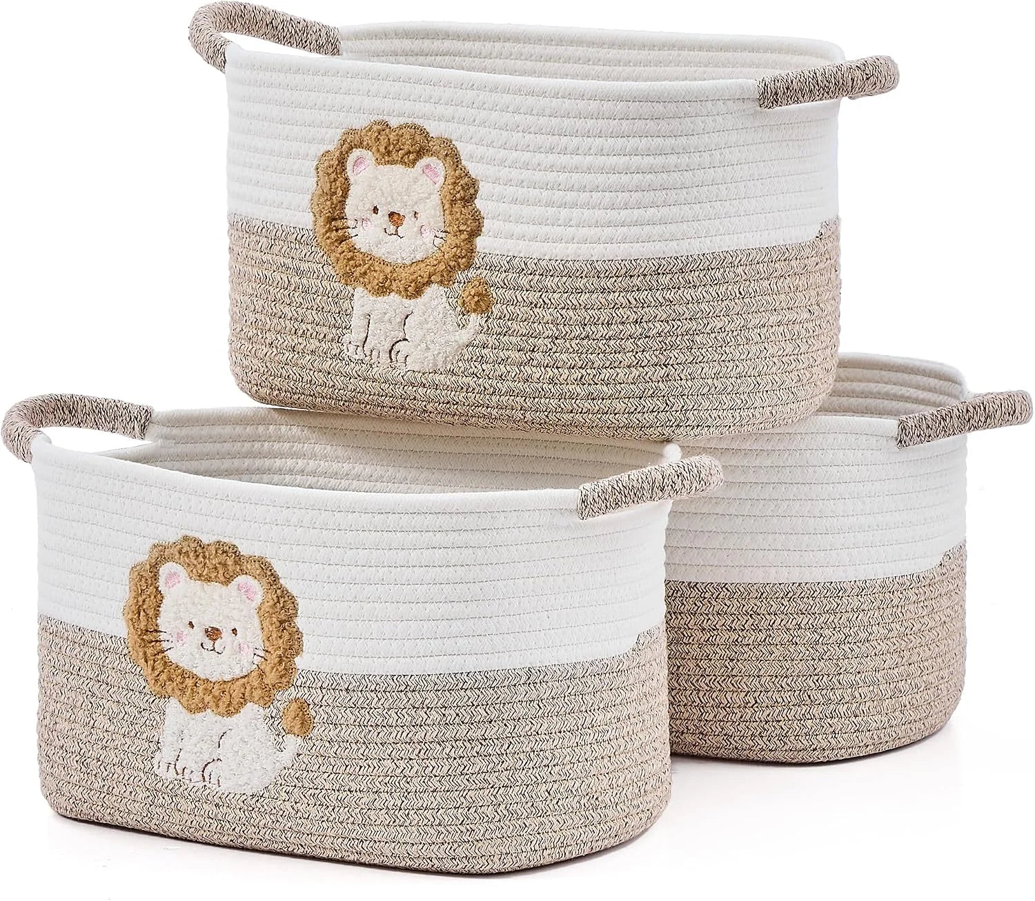 Basket, Woven Baskets for Shelves, White/Brown, 3 Pack Boho Cotton Rope Storage Baskets - Image 7