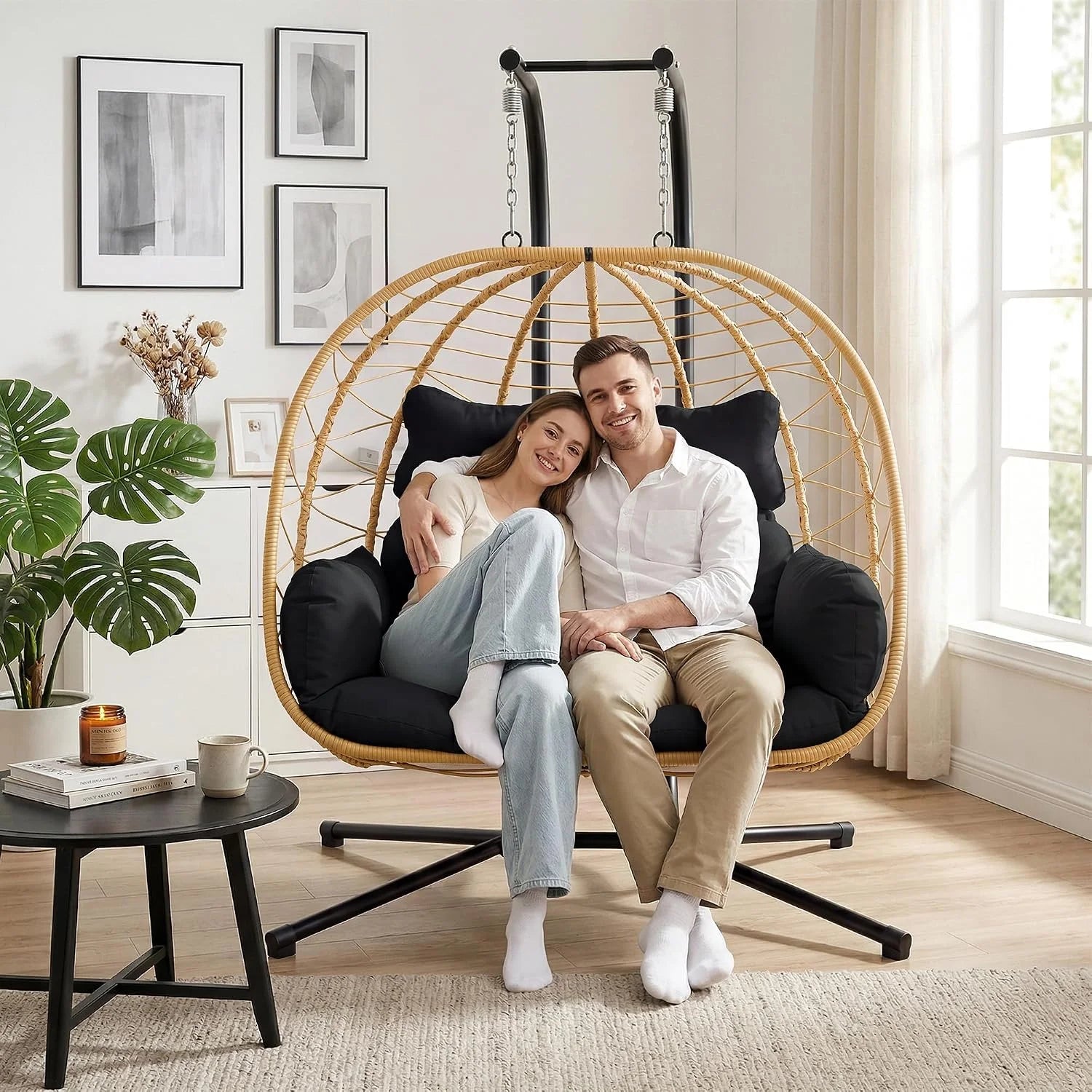 Bifanuo Double Hanging Egg Chair with Stand - Image 3