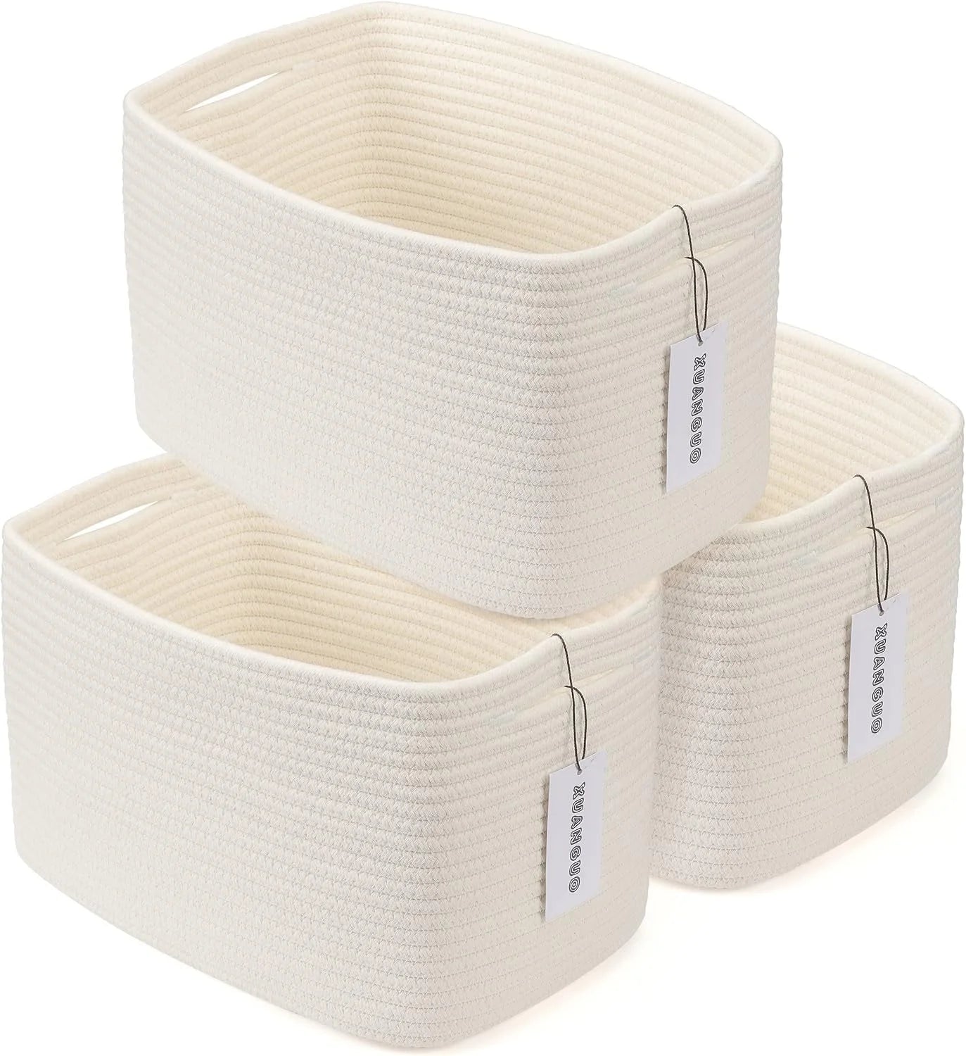 New Arrivals Cotton Rope Storage Baskets 15x10x9.3 3 Pack White, Decorative rectangular storage baskets for shelves - Image 4