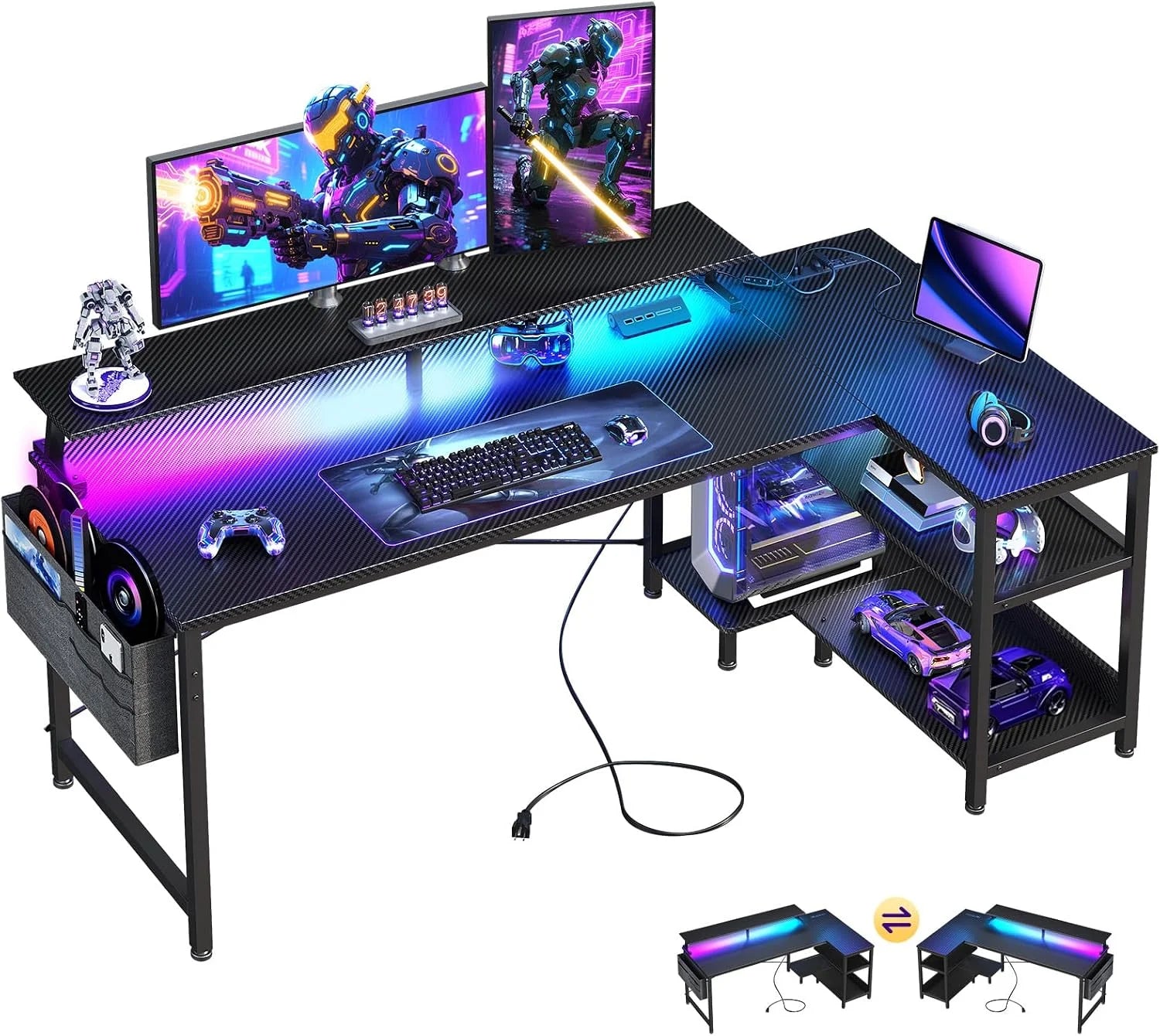 New Arrivals 48 Inch Gaming Desk with USB Charging Ports and LED Lights, Reversible L Shaped Computer Desk with Storage Shelves