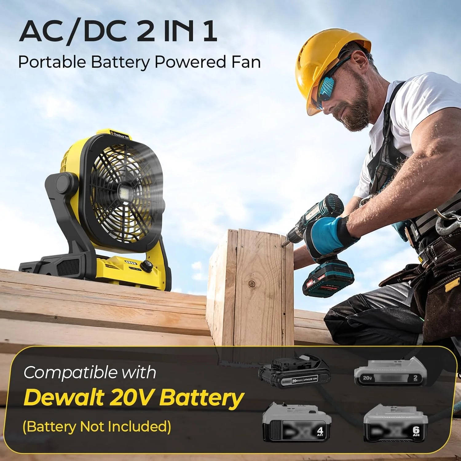 Battery Operated Fan for Dewalt 20V Max battery, Portable Fan with AC Adapter & LED Lights, 4 Speeds & Hook - Image 3