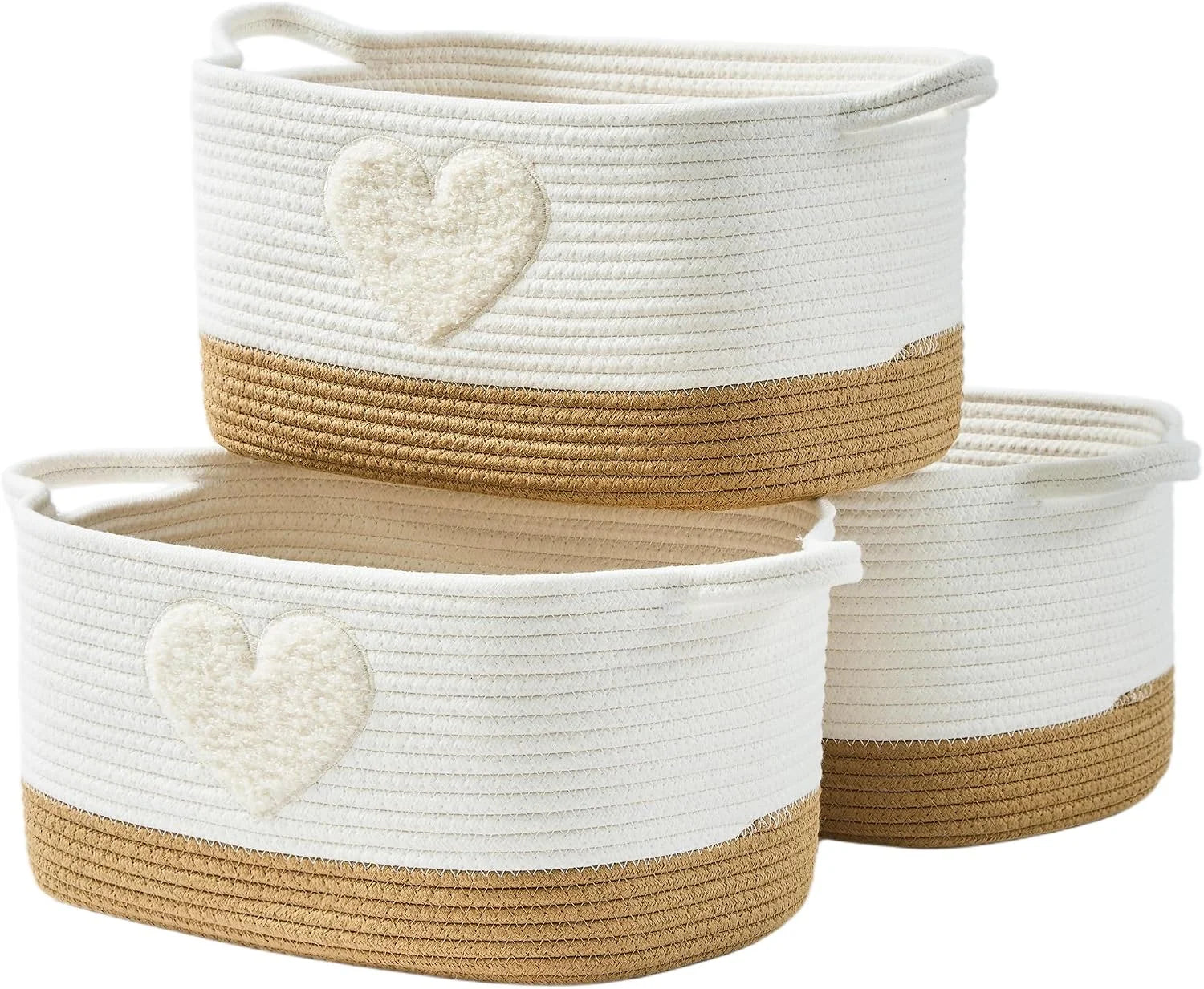 Basket, Woven Baskets for Shelves, White/Brown, 3 Pack Boho Cotton Rope Storage Baskets - Image 3