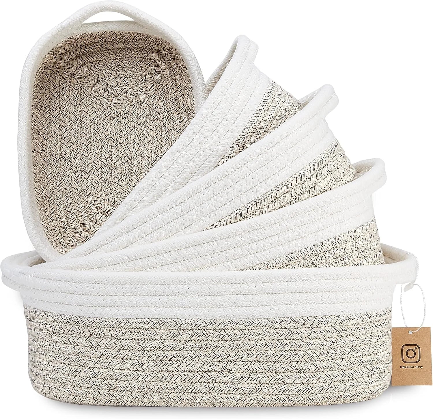 New Arrivals 5-Piece Rectangle Storage Basket Set- Natural Cotton Rope Woven for Organizing! Small Basket - Image 6