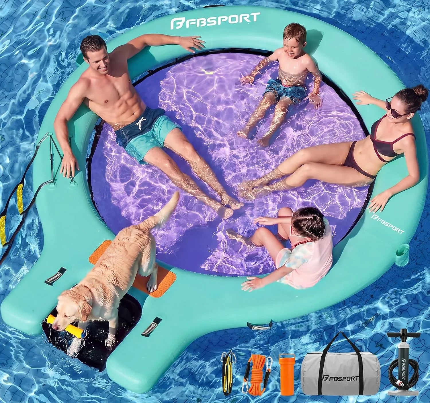 New Arrivals Inflatable Water Hammock Floating Dock with Boat Ramp, Round Floating Ring Inflatable Raft with Cup Holders