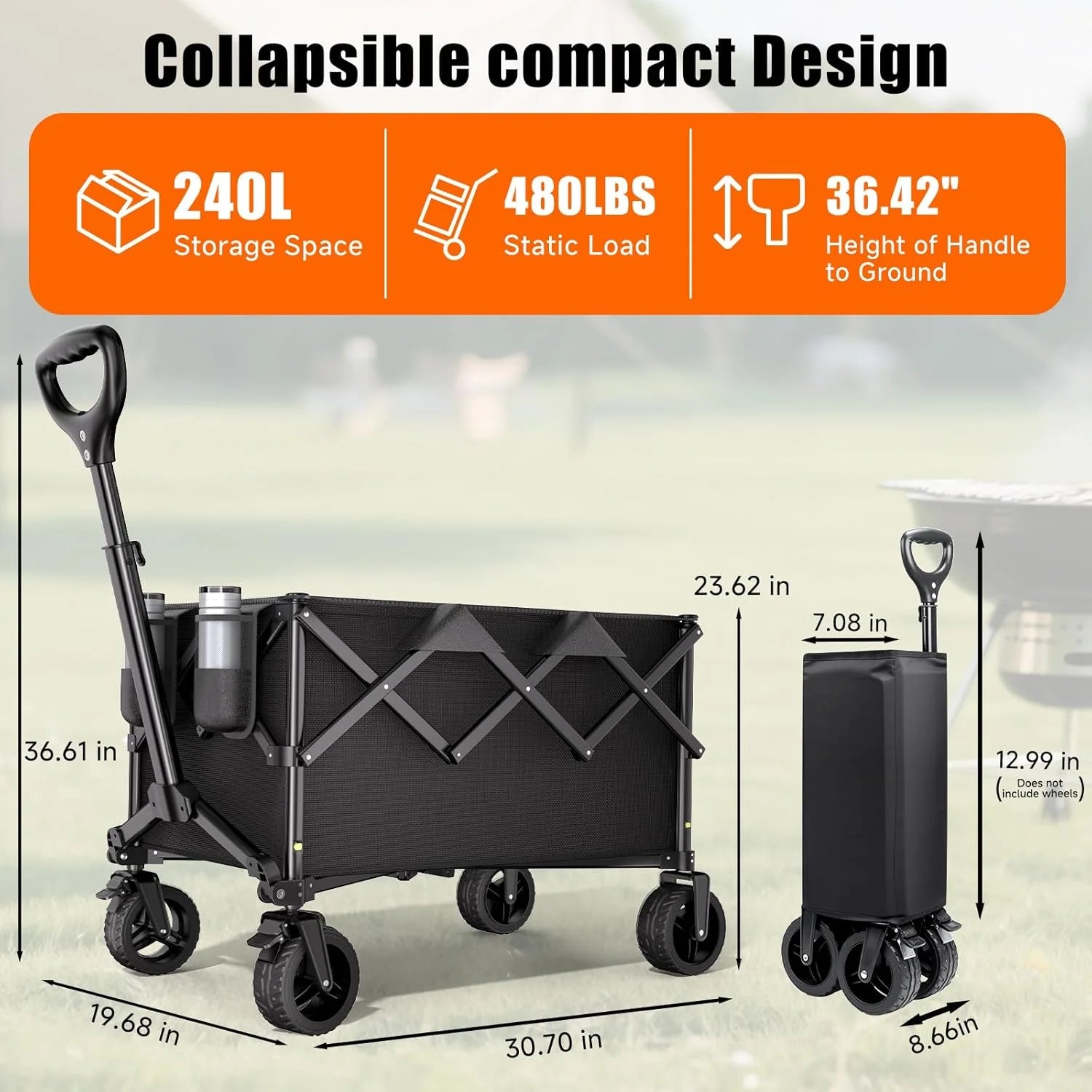 New Arrivals Collapsible Wagon Cart, 480lbs Heavy Duty Wagon with All-Terrain Wheels