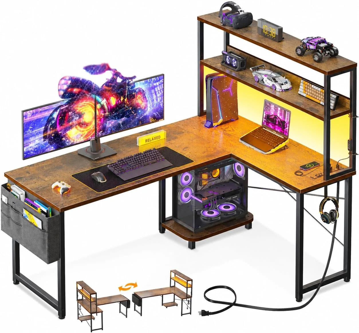 New Arrivals 53 L Shaped Gaming Desk with Shelves, LED & Outlets - Image 5