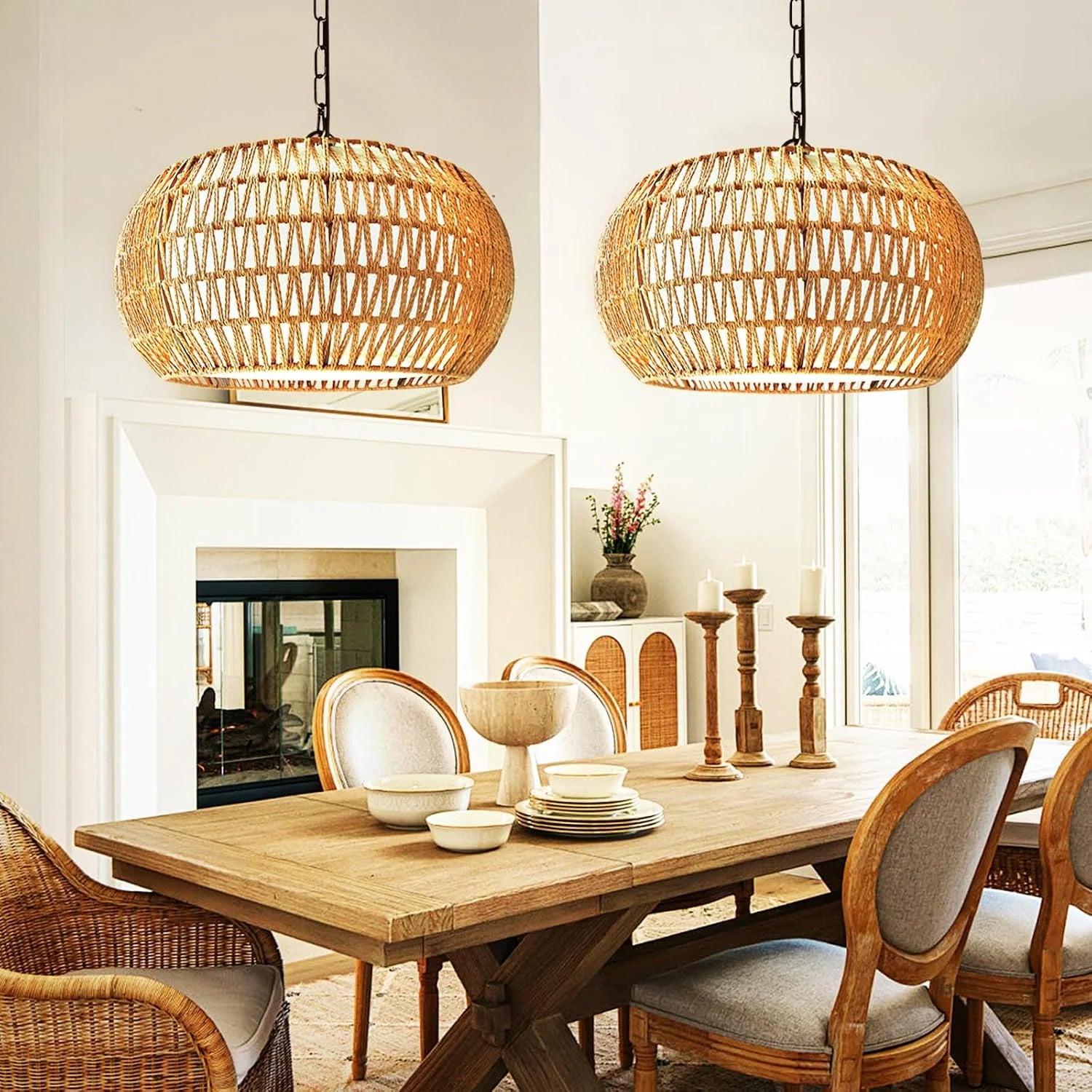 Jump 5-Lights Boho Rattan Chandelier for Dining Room, 19 Farmhouse Chandelier Light Fixtures with Fabric Shade - Image 3
