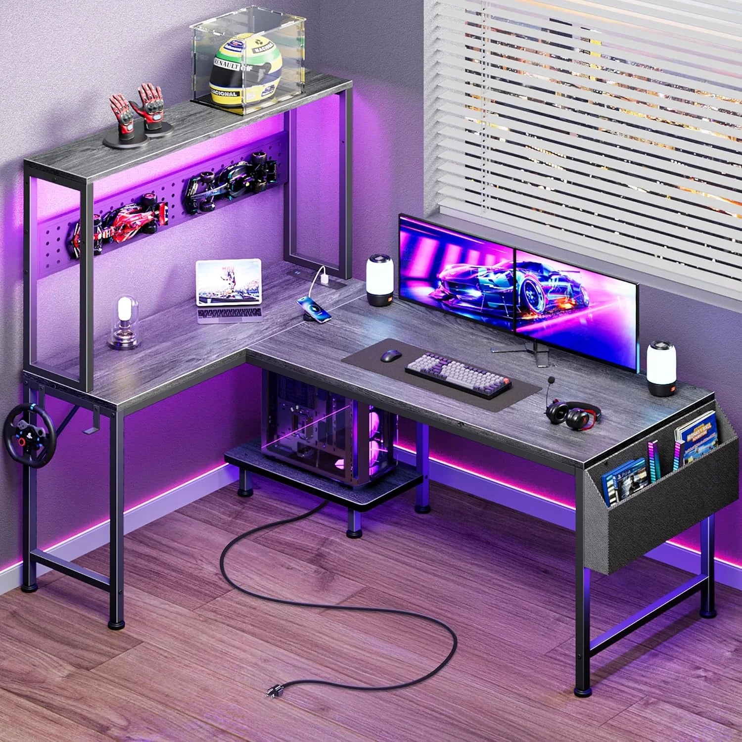 New Arrivals L Shaped Gaming Desk with LED Lights & Power Outlets, Reversible Computer Desk with Storage Shelves & Bag - Image 7