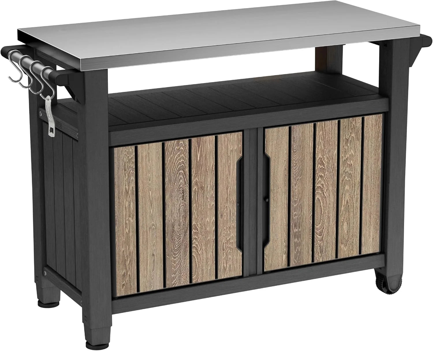 Keter Unity XL Outdoor Entertainment Cart with Wood鈥慙ook Finish, 78鈥慓allon Patio Storage Cabinet, Food Prep Station