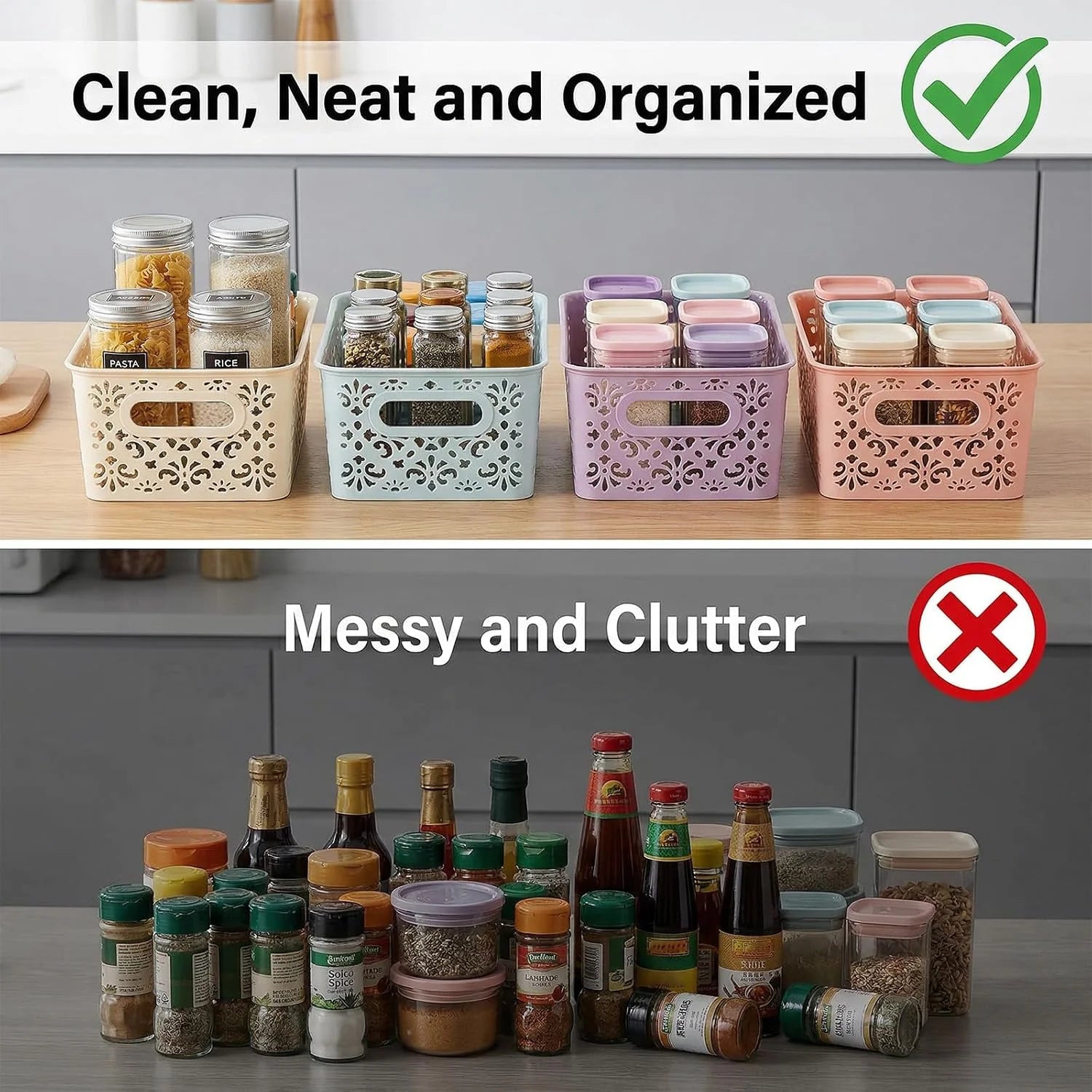 Plastic Storage Baskets, Portable Small Pantry Organizer Baskets Bins with Handle, Stackable Household - Image 3