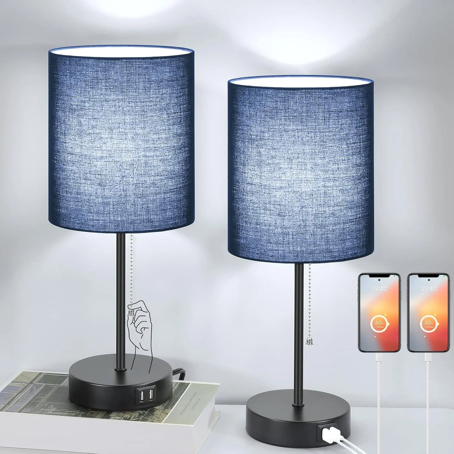 17.3" Table Lamps Set of 2 with 2 USB & AC Outlet, Pull Chain bifanuoyard - Image 4