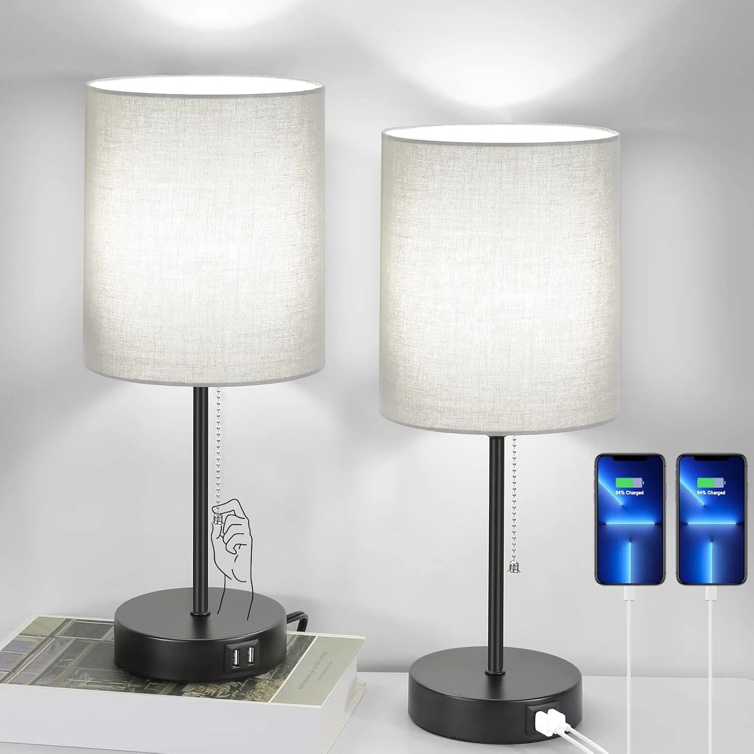 17.3" Table Lamps Set of 2 with 2 USB & AC Outlet, Pull Chain bifanuoyard - Image 2