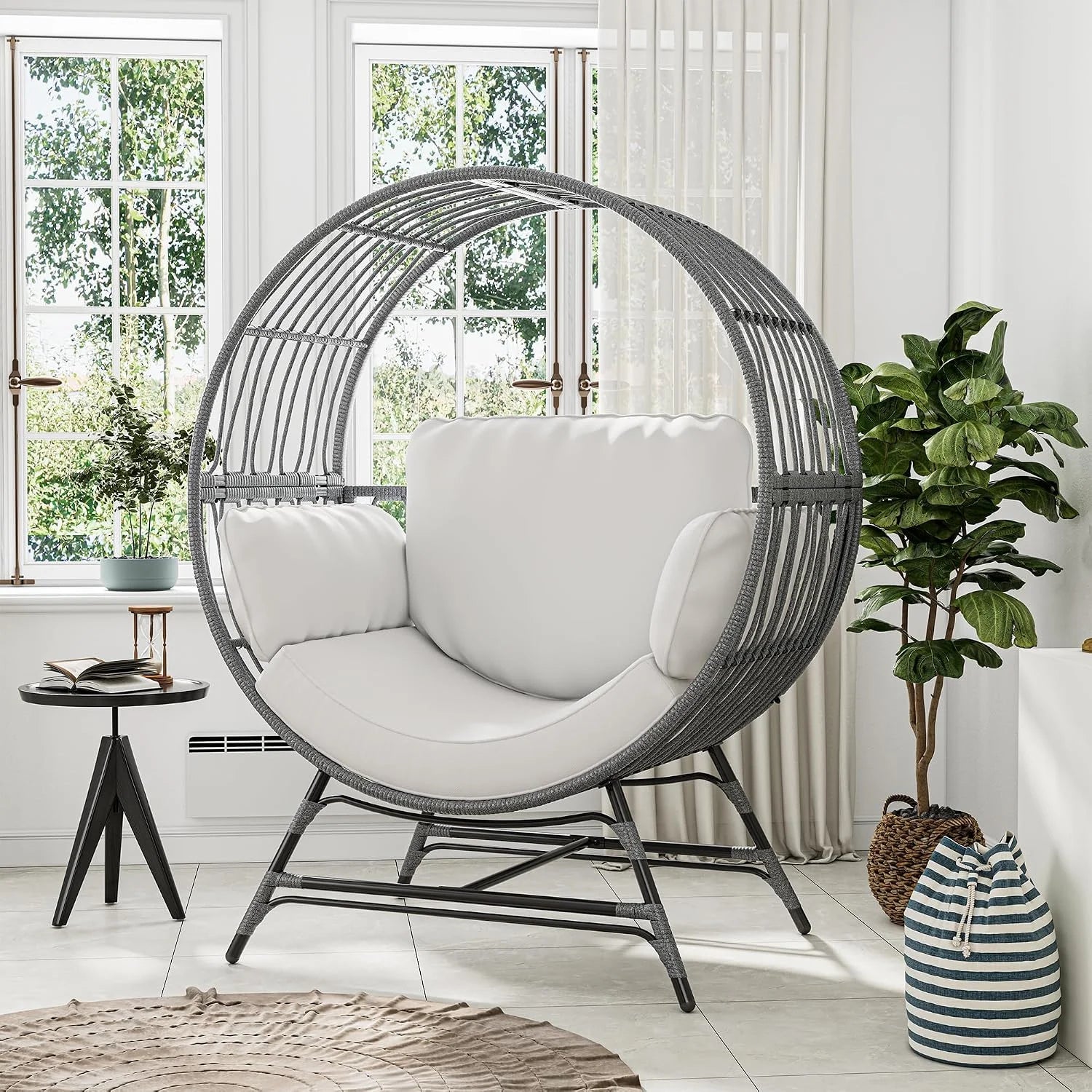 Bifanuo Oversized Egg Chair for Indoor Outdoor Use – Rattan Hanging Basket Chair with Thickened Cushion Supports 350 LBS – Wicker Patio Lounge Chair for Balcony Porch Living Room Backyard (Blue) - Image 3