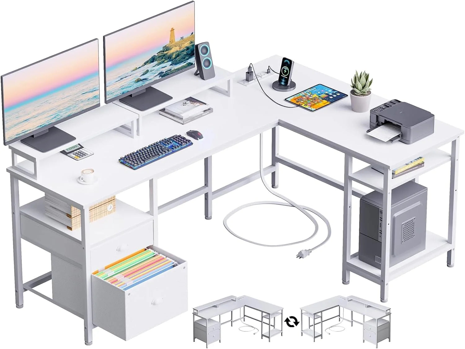 Furologee 66" L Shaped Desk with Power Outlet, Reversible Home Office Desk with File Drawer, 2 Monitor Stands bifanuoyard - Image 6