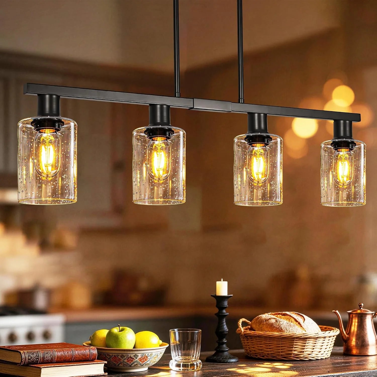 New Arrivals Kitchen Island Lighting, Farmhouse Chandelier with Adjustable Height & Clear Glass Shades