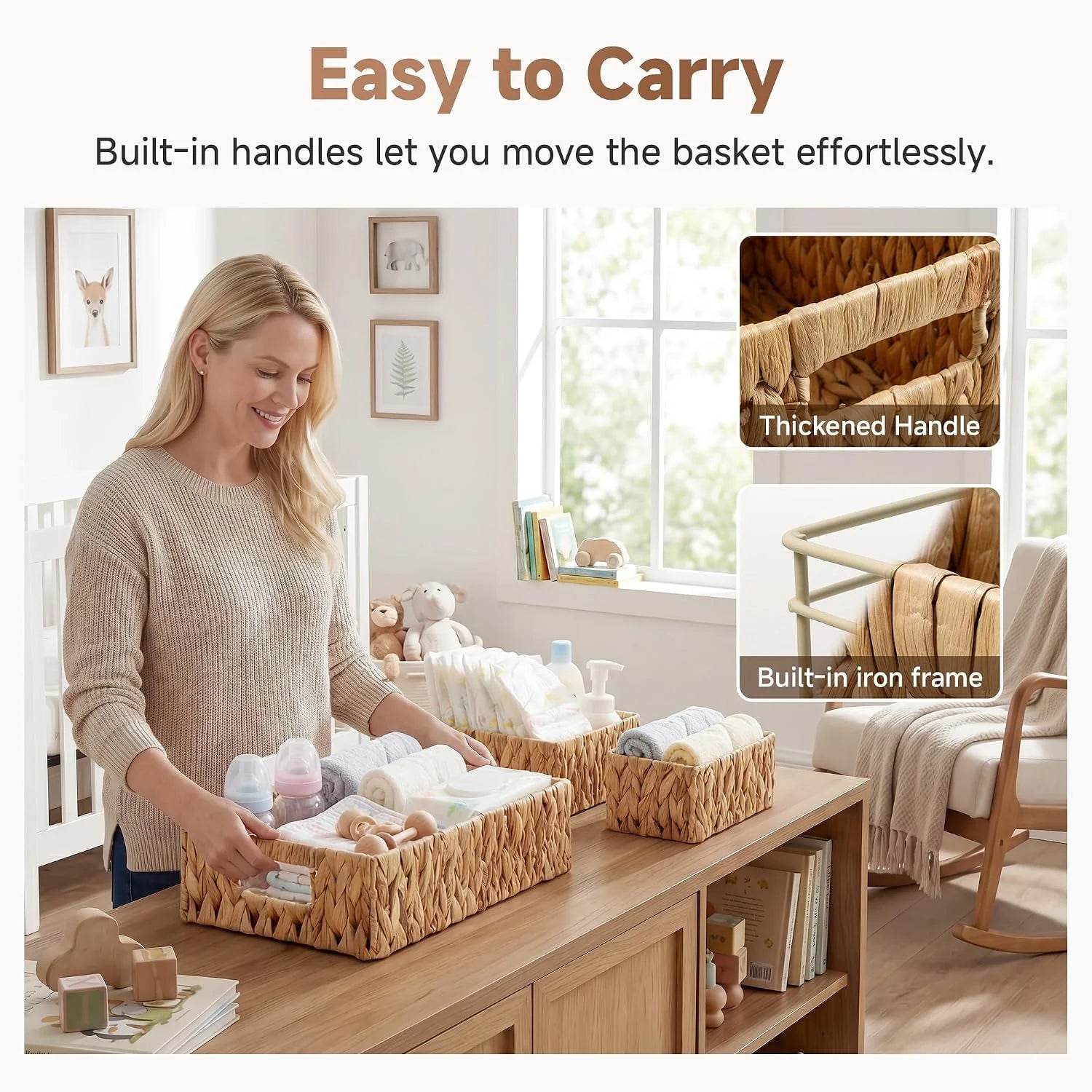 New Arrivals Pantry Baskets for Shelves 3 Pack, Rectangular Wicker Basket with Handles, Natural Water Hyacinth - Image 4