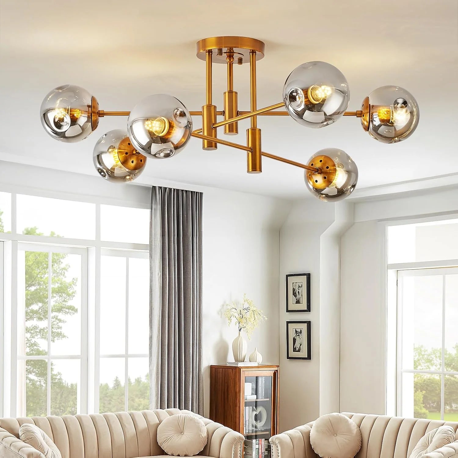 New Arrivals 6-Light Glass Globe Sputnik Chandelier Modern Matte Black and Gold Ceiling Light Fixture Vintage Hanging - Image 6
