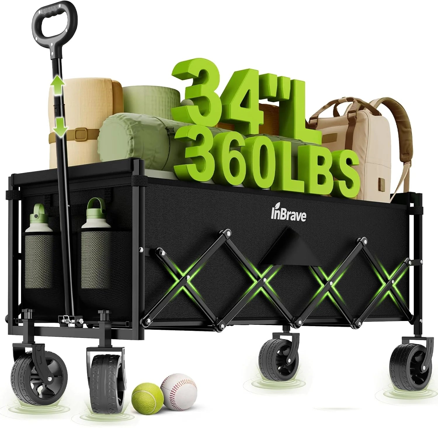 InBrave 34 Extra Long Collapsible Wagon Cart, 360LBS Capacity, Black