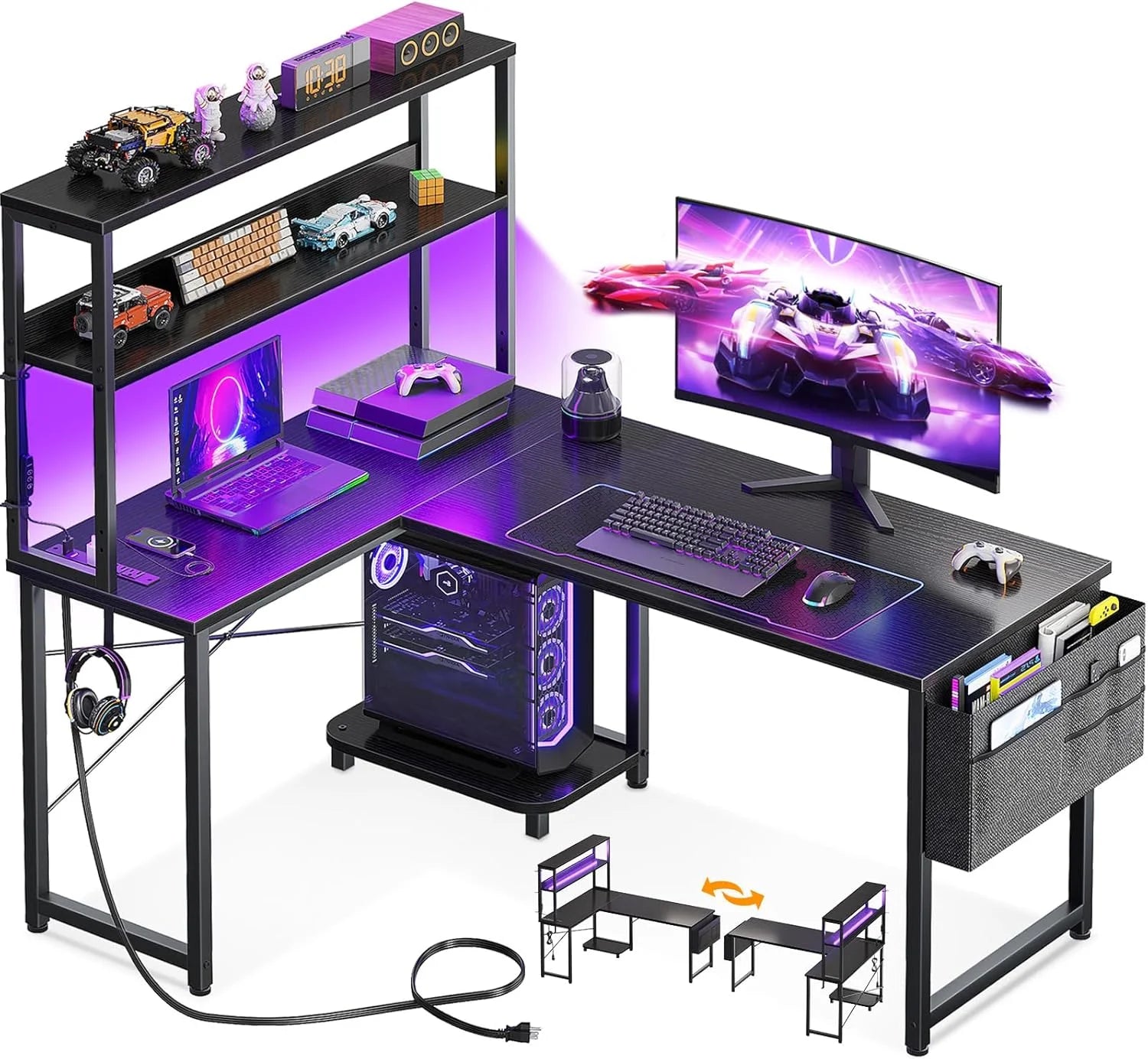 New Arrivals L Shaped Desk Gaming Desk with LED Light & Power Outlet, 53 Inch Black Reversible L Shaped Computer Table