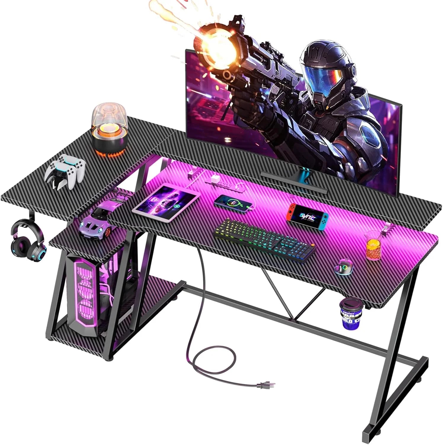 New Arrivals 40 Inch Gaming Desk with Power Outlet & LED Lights, L Shaped Computer Gaming Table with 3 Tiers Storage Shelves - Image 3