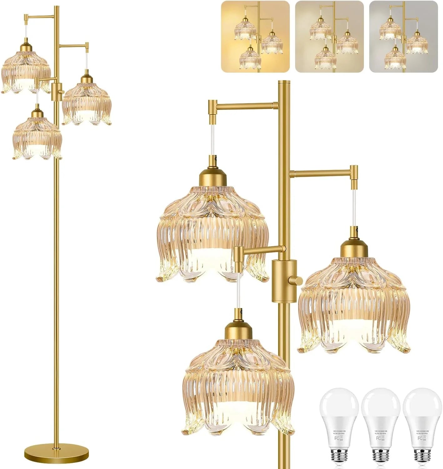 ZECOXOL Vintage Floor Lamp for Living Room Bedroom-3 Light Glass Floor Lamp with Three Led Bulb bifanuoyard - Image 3