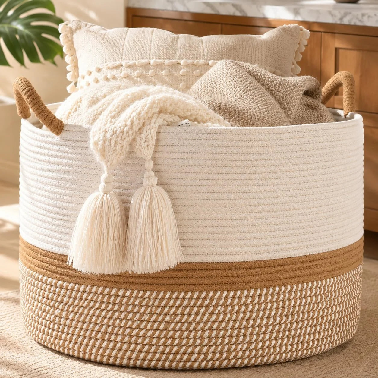 Large Blanket Basket with Handles, Storage Basket for Living Room, Extra Large Capacity, Blanket Storage, Laundry bifanuoyard