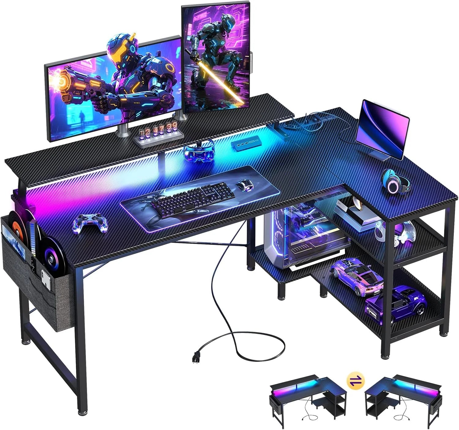 New Arrivals 48 Inch Gaming Desk with USB Charging Ports and LED Lights, Reversible L Shaped Computer Desk with Storage Shelves - Image 2